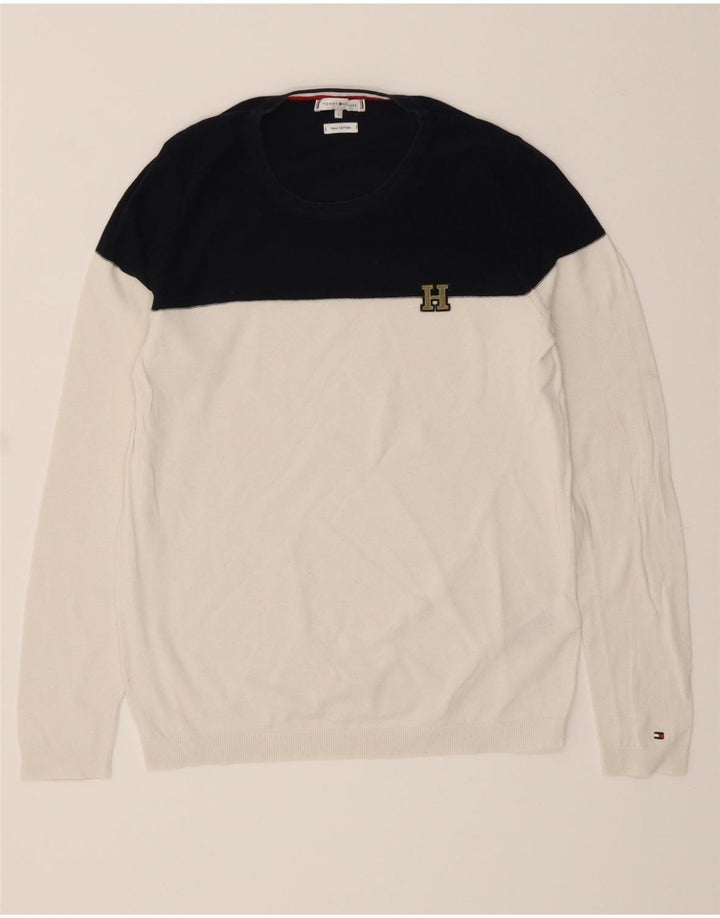 TOMMY HILFIGER Mens Boat Neck Jumper Sweater Small Black Colourblock Vintage Tommy Hilfiger and Second-Hand Tommy Hilfiger from Messina Hembry 