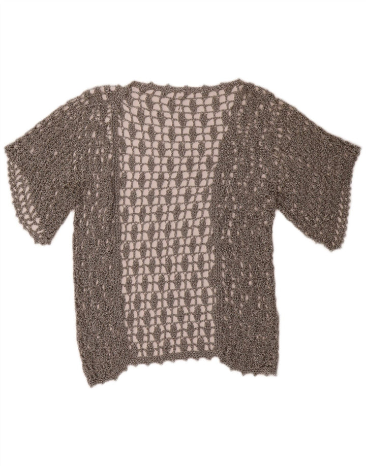 Vintage kortærmet hæklet cardigantop til kvinder, UK 12 Medium Silver