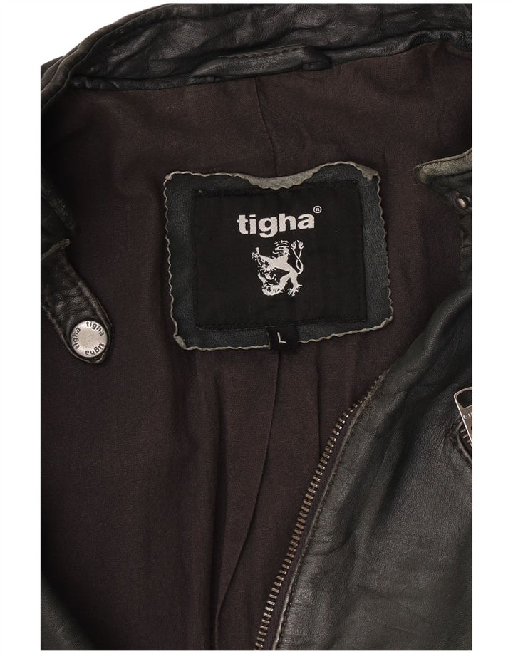 Tigha Dame Læder Racer Jakke UK 16 Large Khaki