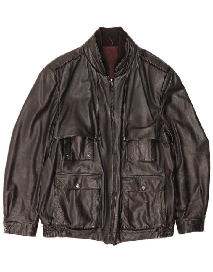 SCHILD Herre Militær Læderjakke UK 40 Stor Sort Læder