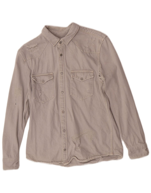 Zara Herre Distressed Relaxed Fit Denim Shirt Medium Grey Bomuld