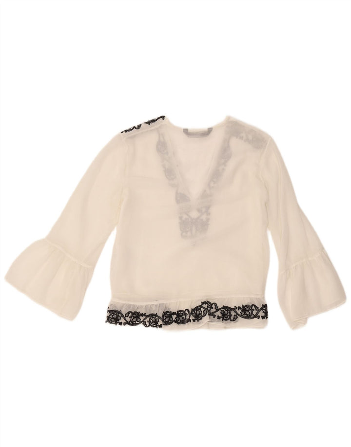 Zara Dame Langærmet Bluse Top UK 10 Small White Floral Polyester