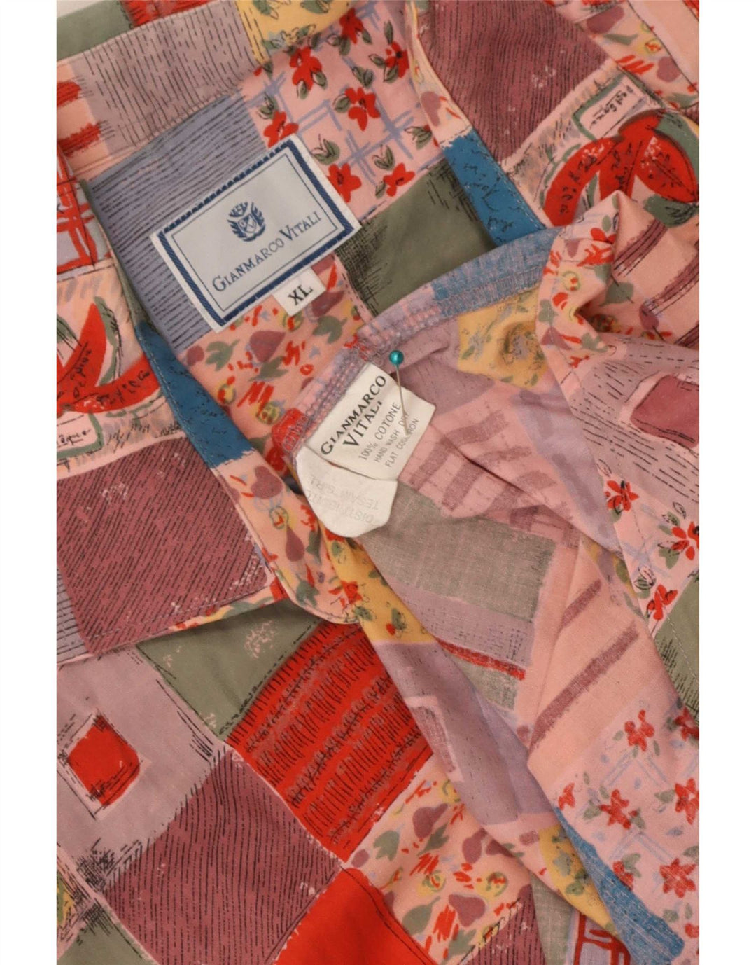 Vintage kortærmet herreskjorte XL flerfarvet patchwork bomuld