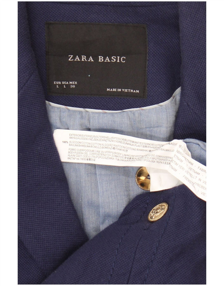 Zara Dame Crop 1 Knap Blazer Jakke UK 16 Stor Marineblå Bomuld