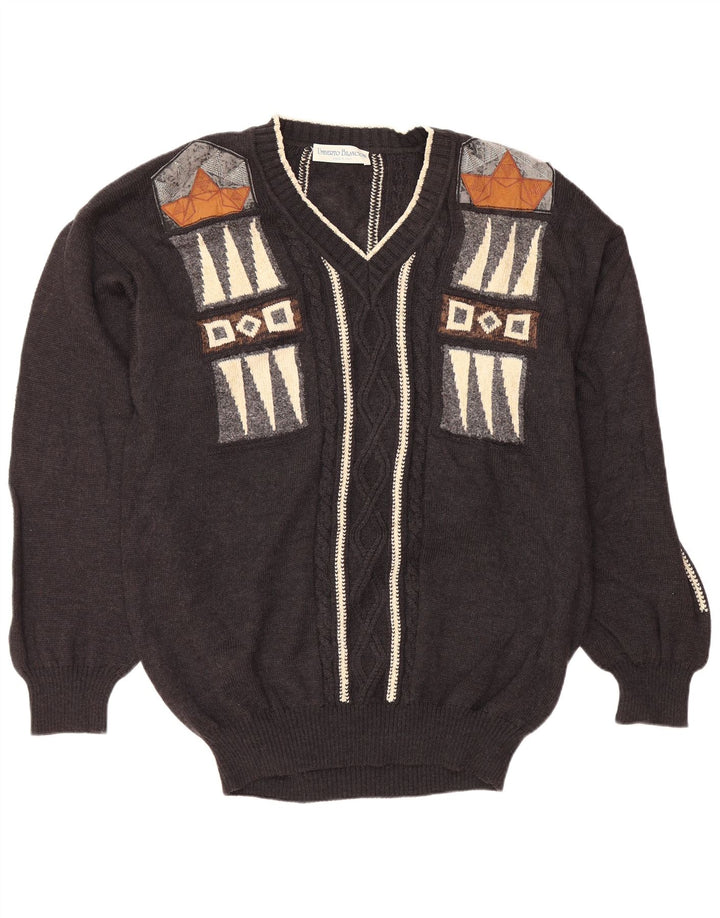 UMBERTO BILANCIONI Herre V-hals sweater 2XL Grå Geometrisk Uld