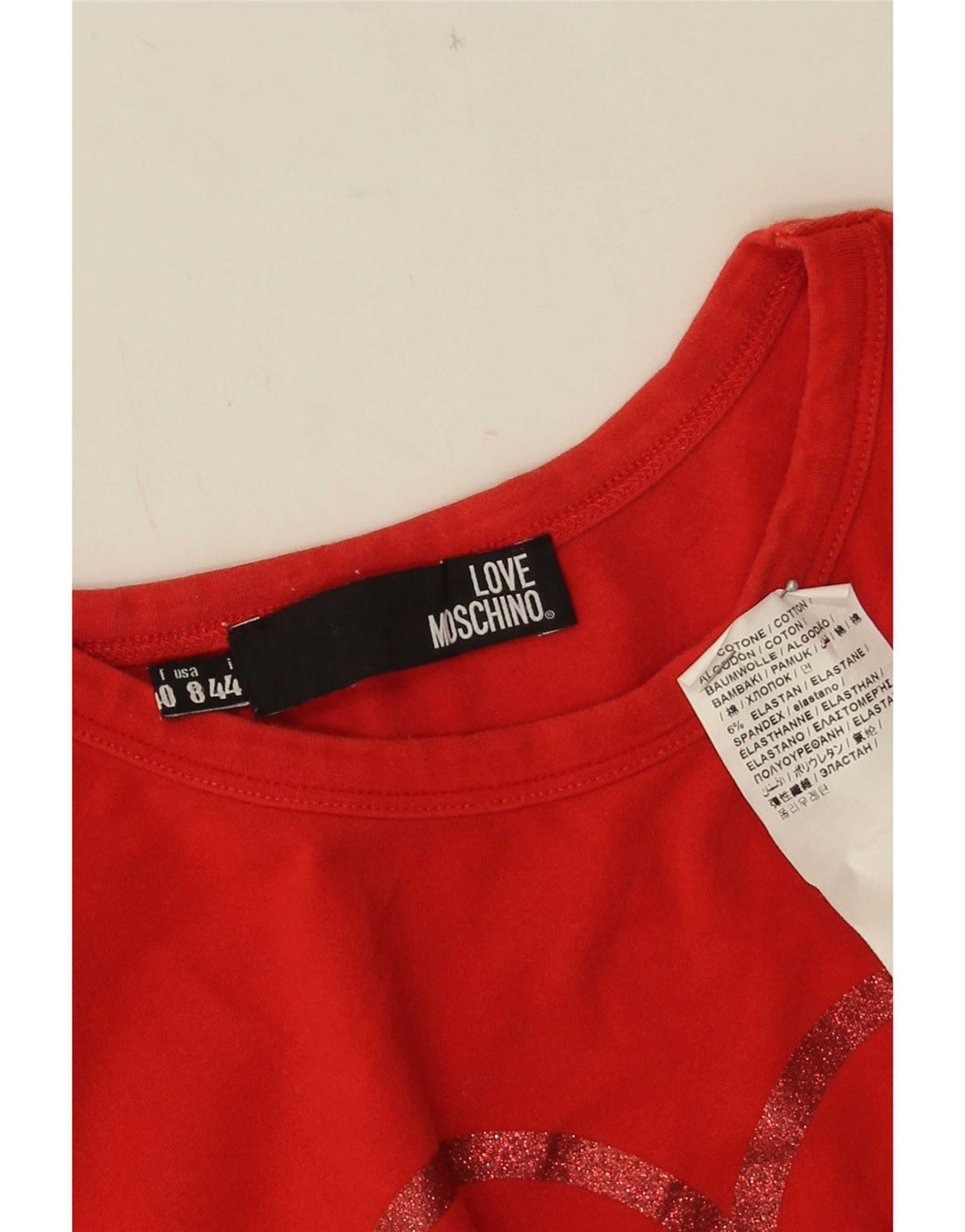 Moschino Dame Grafisk T-Shirt Top UK 12 Medium Rød Bomuld