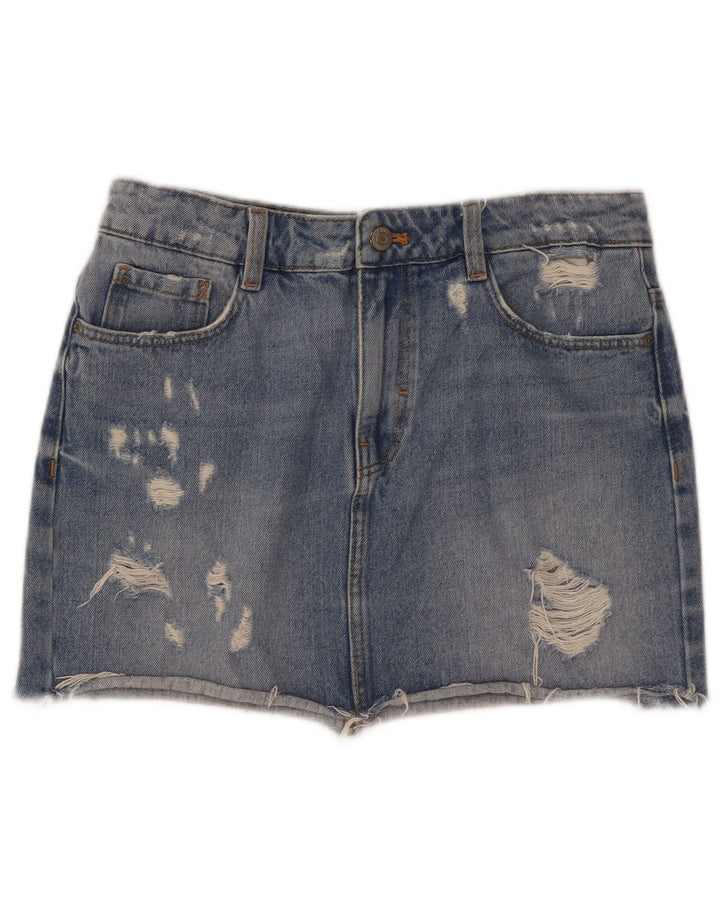 Zara Dame Distressed Mini Denim Nederdel Small W26 Blue