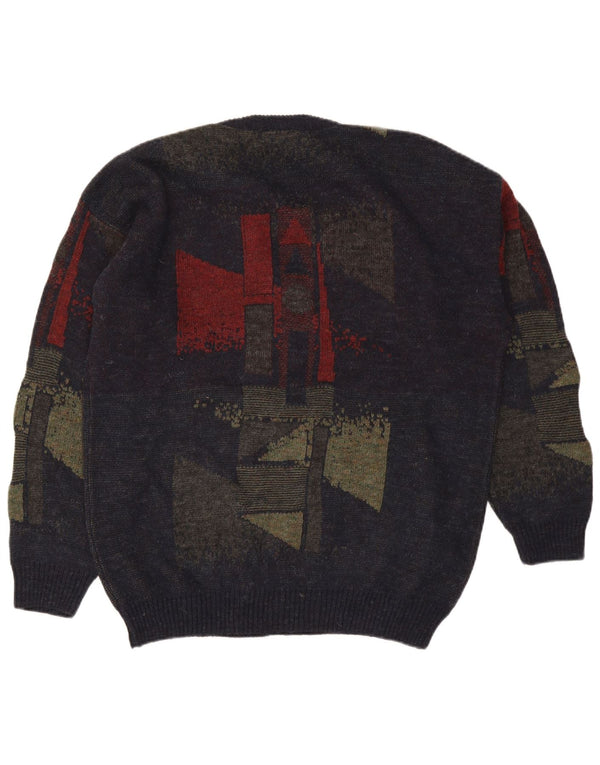 Vintage herre V-hals sweater XL marineblå geometrisk uld