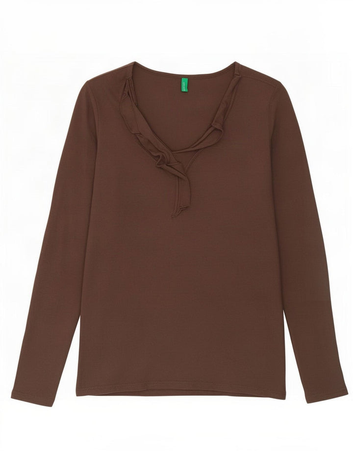 Benetton Dame Top Langærmet UK 12 Medium Brun Bomuld