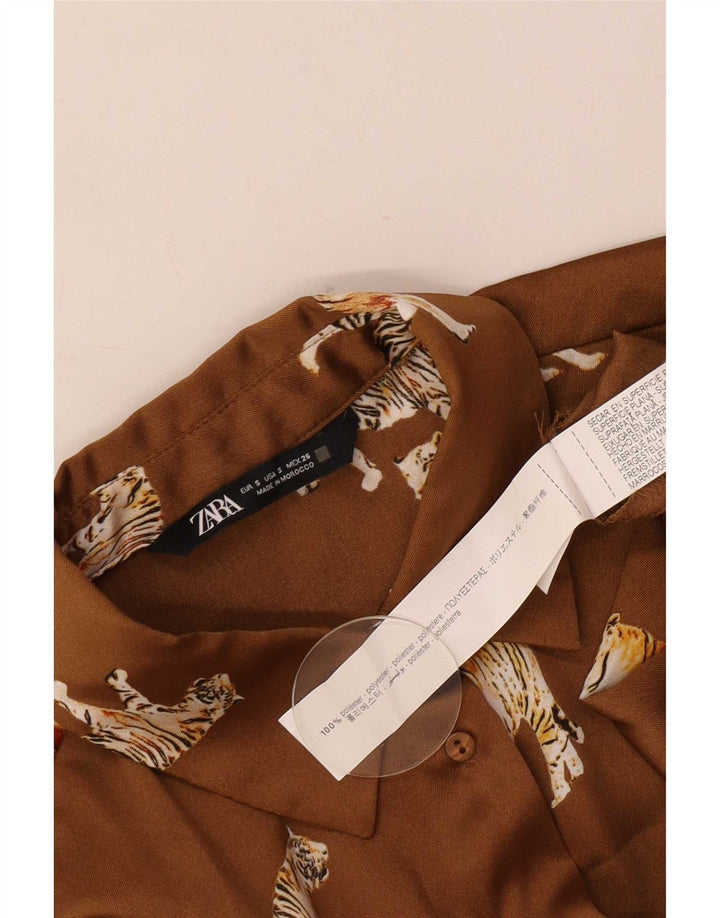 Zara Dame Oversized Shirt Bluse UK 10 Small Beige Animal Print Polyester