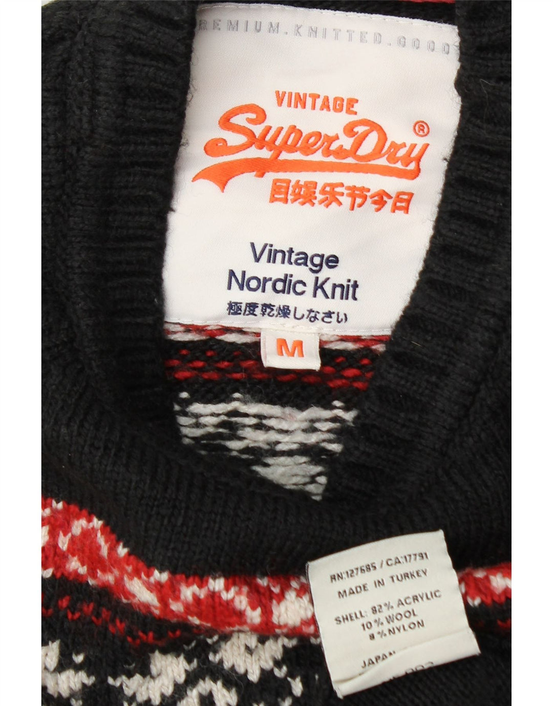 Superdry Herre Boat Neck Jumper Sweater Medium Black Fair Isle Akryl