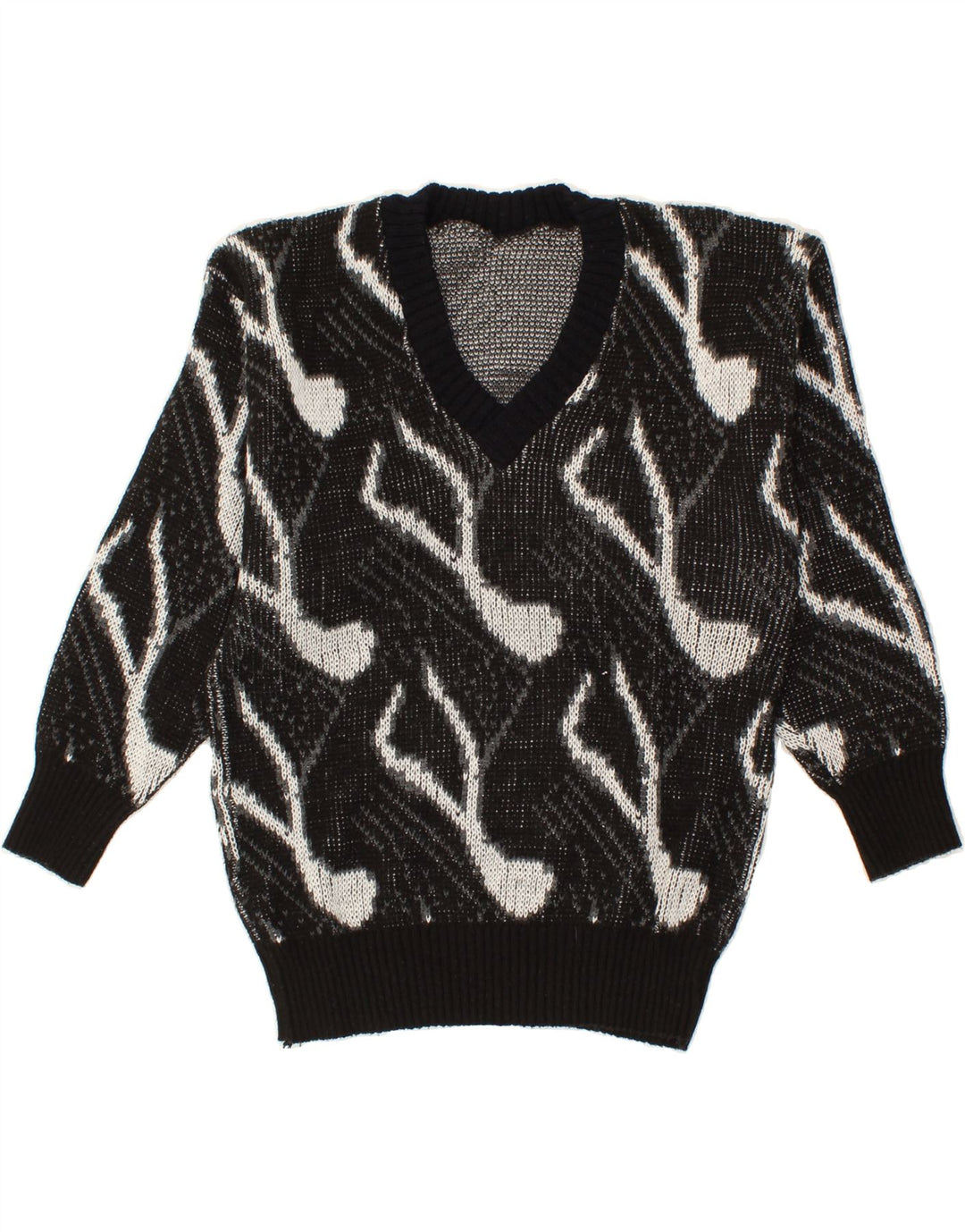 VINTAGE Womens Abstract Pattern V-Neck Jumper Sweater UK 14 Medium Black Vintage Vintage and Second-Hand Vintage from Messina Hembry 