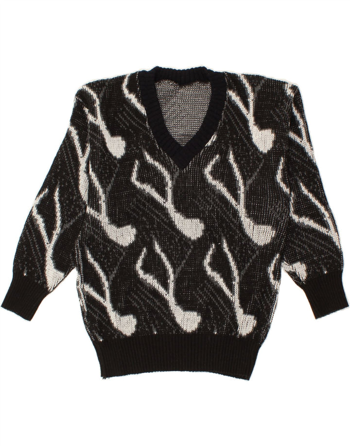 VINTAGE Womens Abstract Pattern V-Neck Jumper Sweater UK 14 Medium Black Vintage Vintage and Second-Hand Vintage from Messina Hembry 
