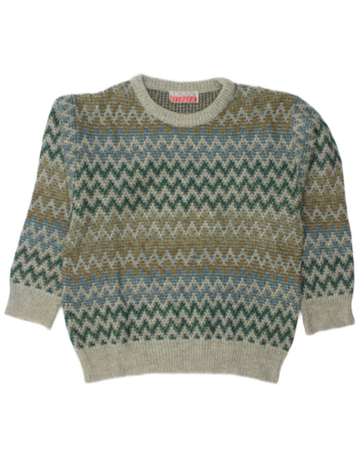 Vintage Herre rund hals sweater stor grøn geometrisk uld