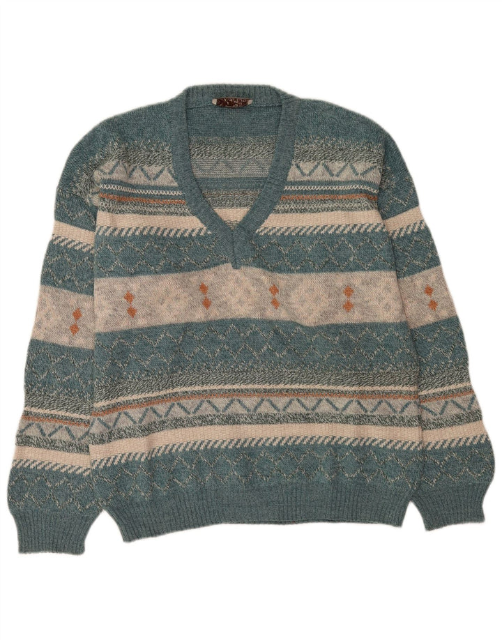 Vintage Herre V-hals sweater Large Blue Fair Isle Wool