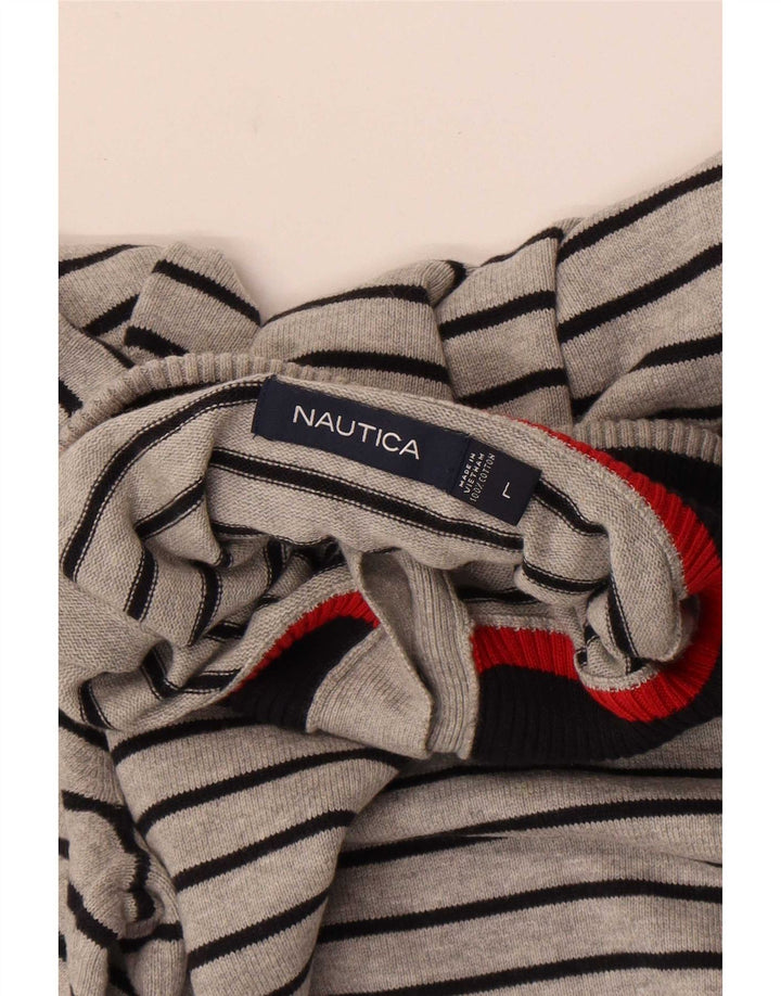 Nautica Herre Button Neck Jumper Sweater Stor grå stribet bomuld