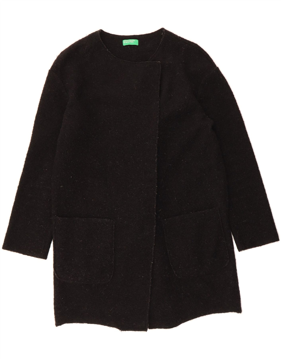 BENETTON Womens Open Overcoat UK 10 Small Black Wool Vintage Benetton and Second-Hand Benetton from Messina Hembry 
