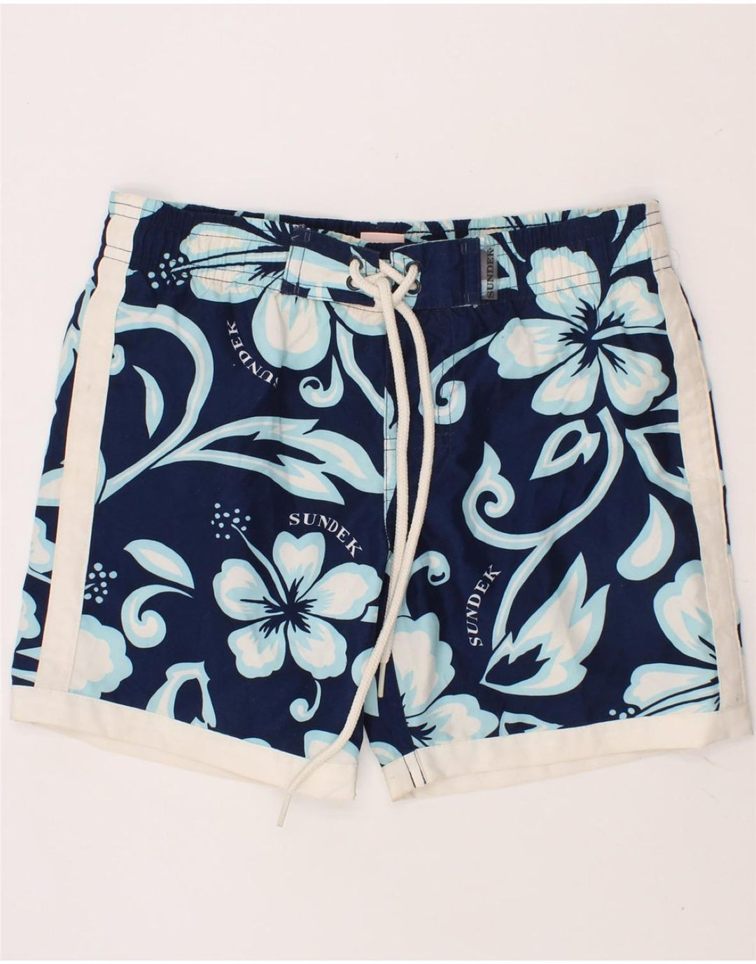 SUNDEK Boys Swimming Shorts 9-10 Years Medium Navy Blue Floral Polyester Vintage Sundek and Second-Hand Sundek from Messina Hembry 