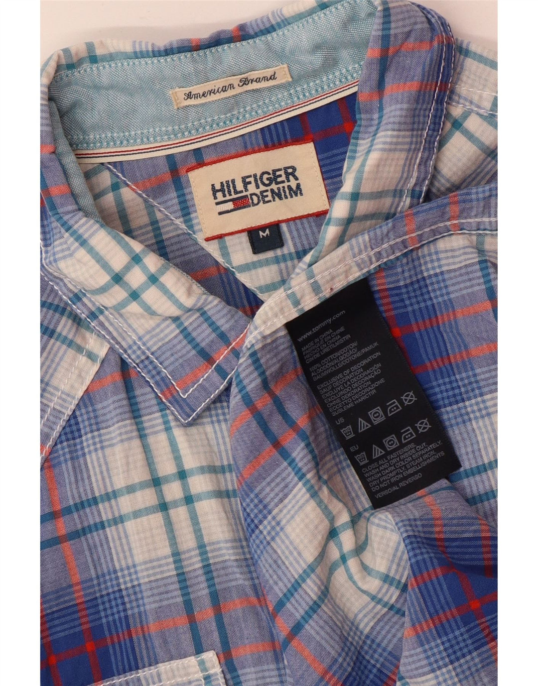 Tommy Hilfiger Herre grafisk kortærmet skjorte mellemblå ternet bomuld