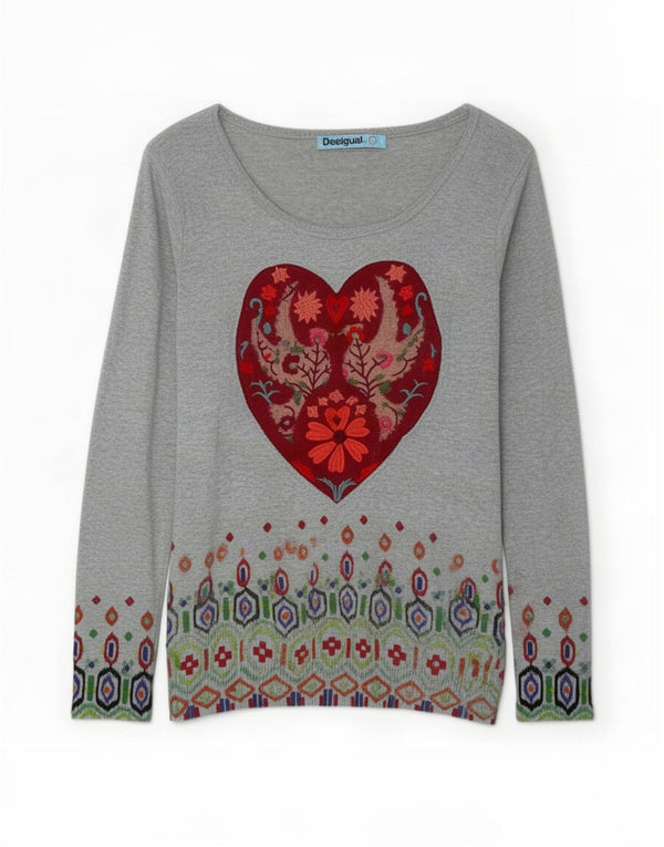 Desigual Kvinders Grafisk Boat Neck Jumper Sweater UK 14 Large Grey Floral