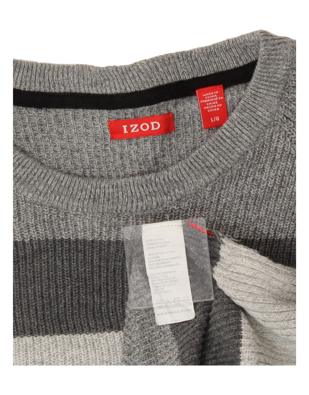 IZOD Mens Crew Neck Jumper Sweater Large Grey Striped Cotton Vintage Izod and Second-Hand Izod from Messina Hembry 