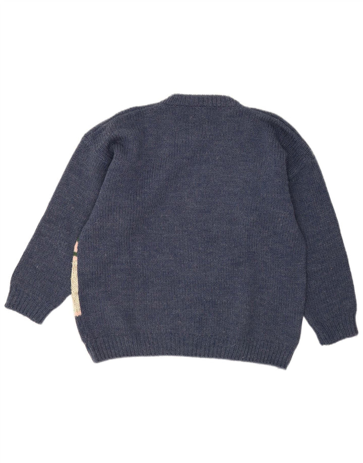 Vintage Herre grafisk rund hals sweater stor marineblå uld