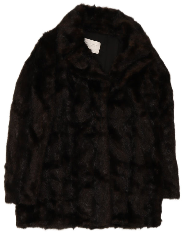 Zara Dame imiteret Fur Oversized Overfrakke UK 10 Small Brown Polyester Winter