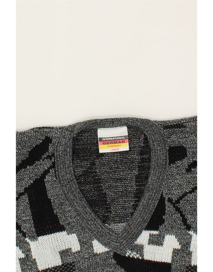 VINTAGE Mens Abstract Pattern V-Neck Jumper Sweater Large Grey Vintage Vintage and Second-Hand Vintage from Messina Hembry 