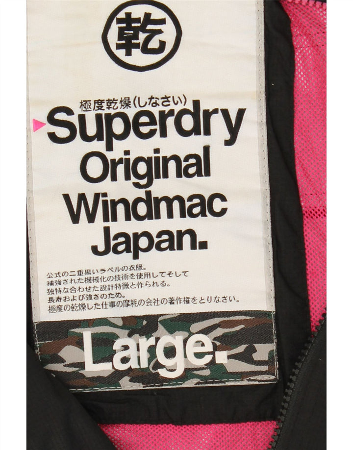 Superdry Windmac Windbreaker Jacket med hætte til kvinder UK 16 Stor sort nylon