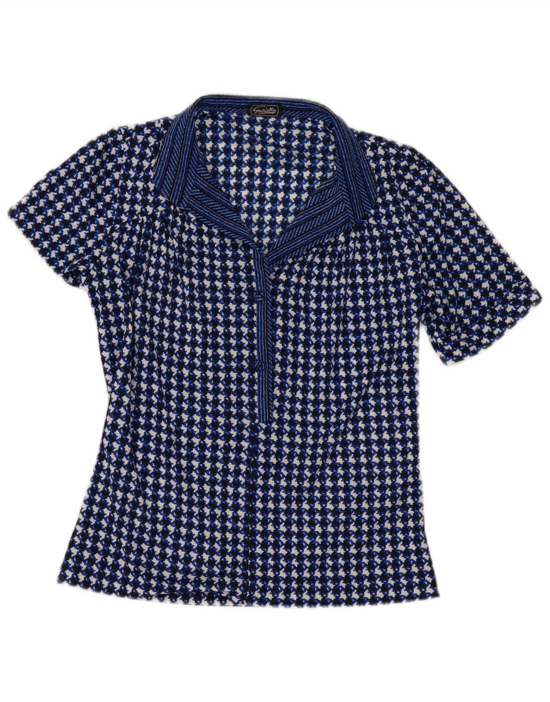 Vintage damebluse top UK 10 Small Navy Blue Houndstooth