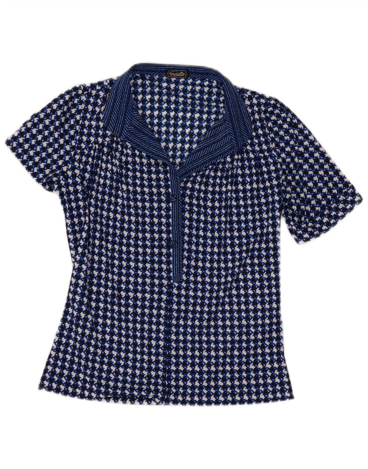 Vintage damebluse top UK 10 Small Navy Blue Houndstooth