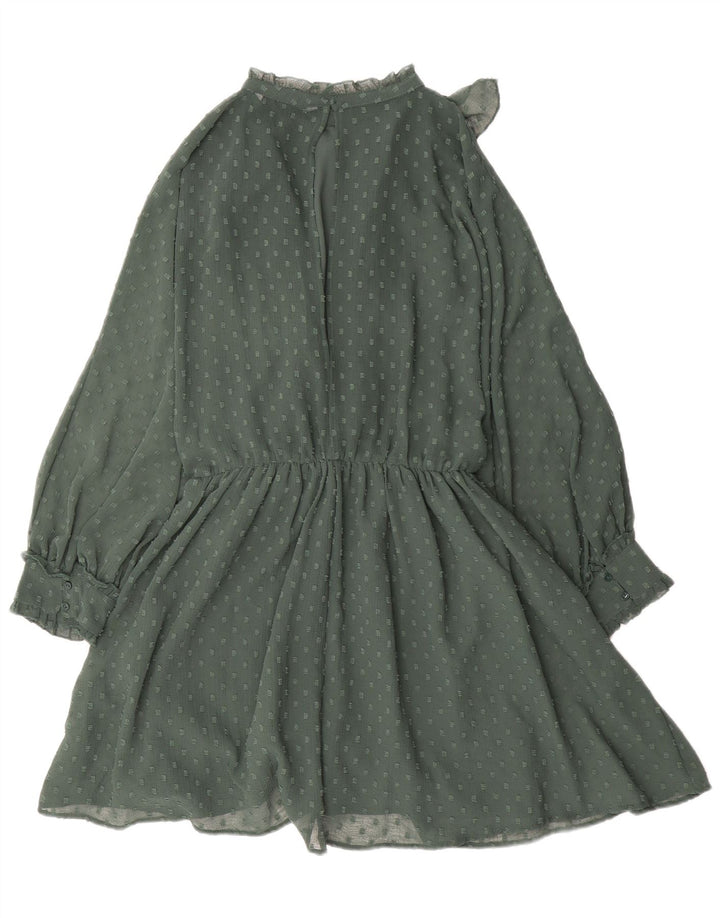 Zara Dame Langærmet Flæse Front A-Line Kjole UK 14 Medium Grøn