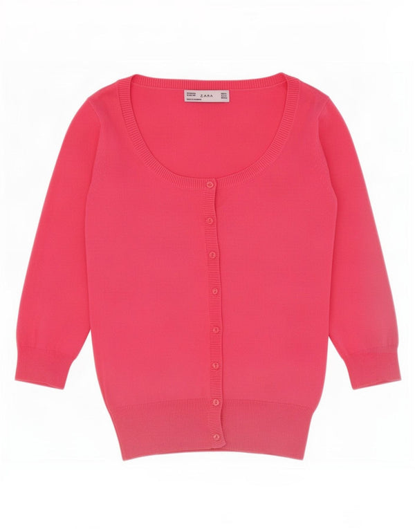Zara Womens 3/4 Sleeve Cardigan Sweater UK 10 Small Pink Cotton