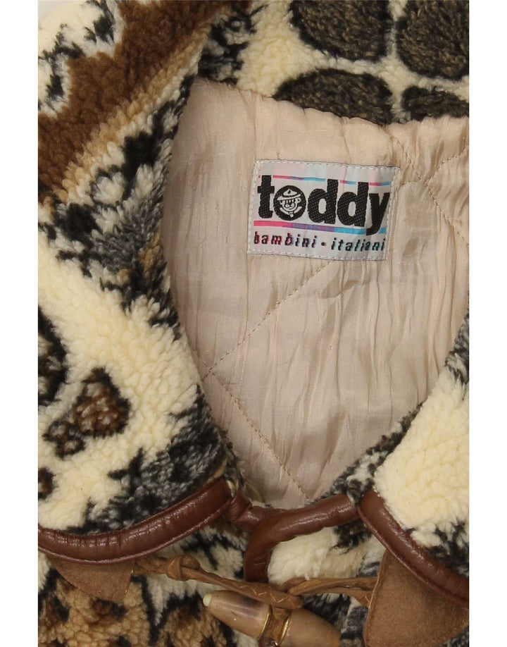 Vintage Kvinders grafisk fleece Duffle Coat UK 14 Large Beige Patchwork