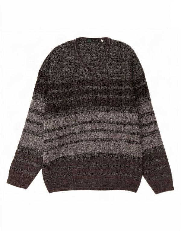 Tris Line Mens V-Neck Jumper Sweater IT 54 XL Grey Striped Wool