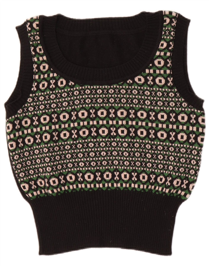 Vintage Dame Vest Tank Top UK 8 Small Black Geometric