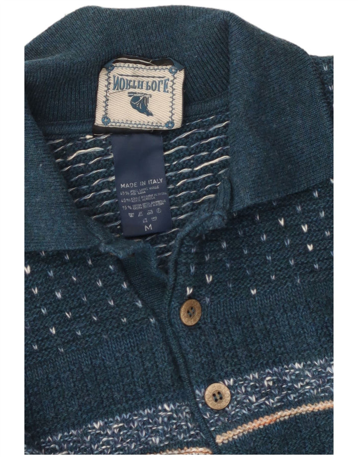 North Pole Herre Polo Neck Jumper Sweater Medium Blue Fair Isle Wool