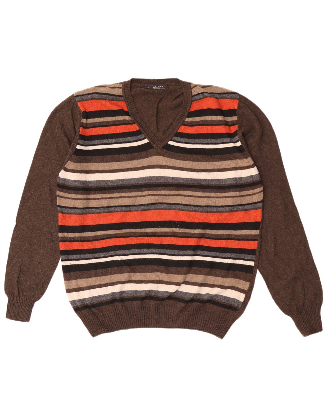 Zara Herre V-hals sweater Stor brun stribet viskose