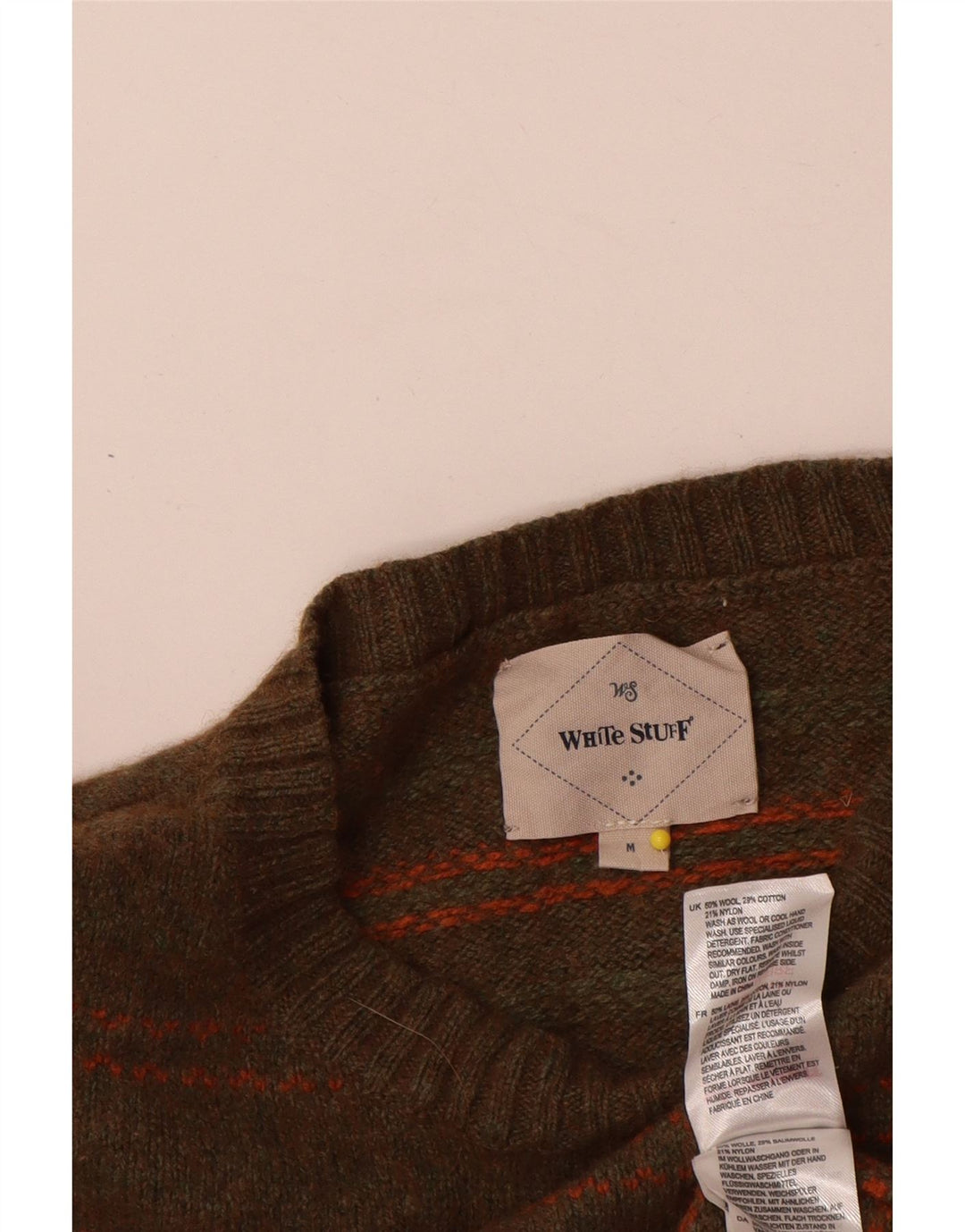 White Stuff Herre Crew Neck Jumper Sweater Medium Khaki stribet uld
