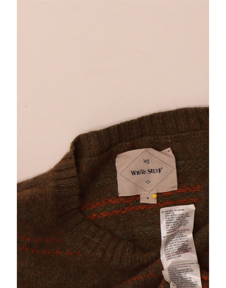 White Stuff Herre Crew Neck Jumper Sweater Medium Khaki stribet uld