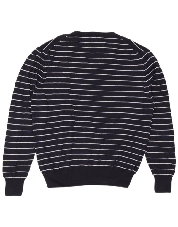 Vintage herre V-hals sweater 2XL marineblå stribet bomuld
