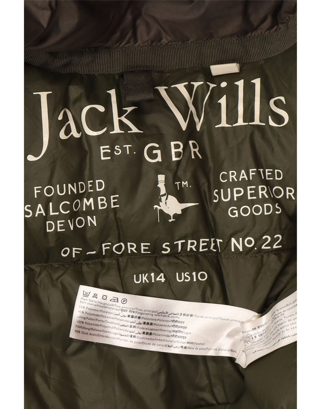 Jack Wills Dame Hætte Polstret Frakke UK 14 Stor Khaki Polyester