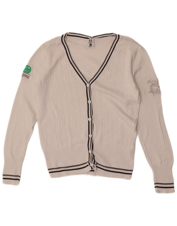 Sergio Tacchini Womens Graphic Cardigan Sweater UK 12 Medium White Cotton