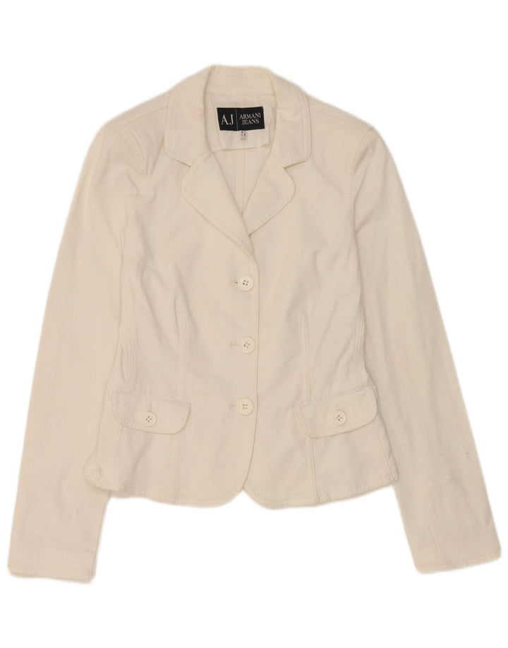Armani Jeans Dame 3 Button Blazer Jacket UK 10 Small White Bomuld