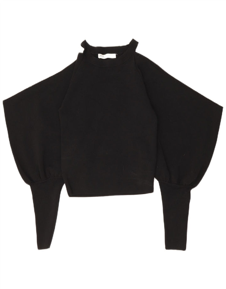 Zara Dame Langærmet Off Shoulder Top UK 14 Stor Sort Nylon
