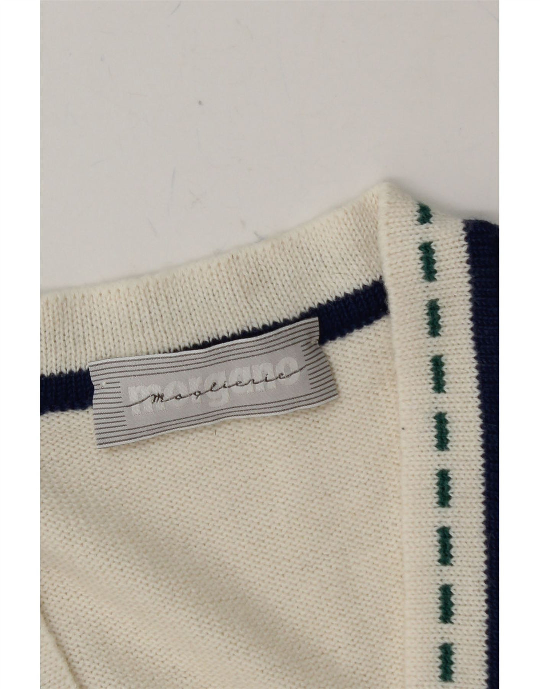 MORGANO Mens Graphic V-Neck Jumper Sweater Medium White Vintage Morgano and Second-Hand Morgano from Messina Hembry 