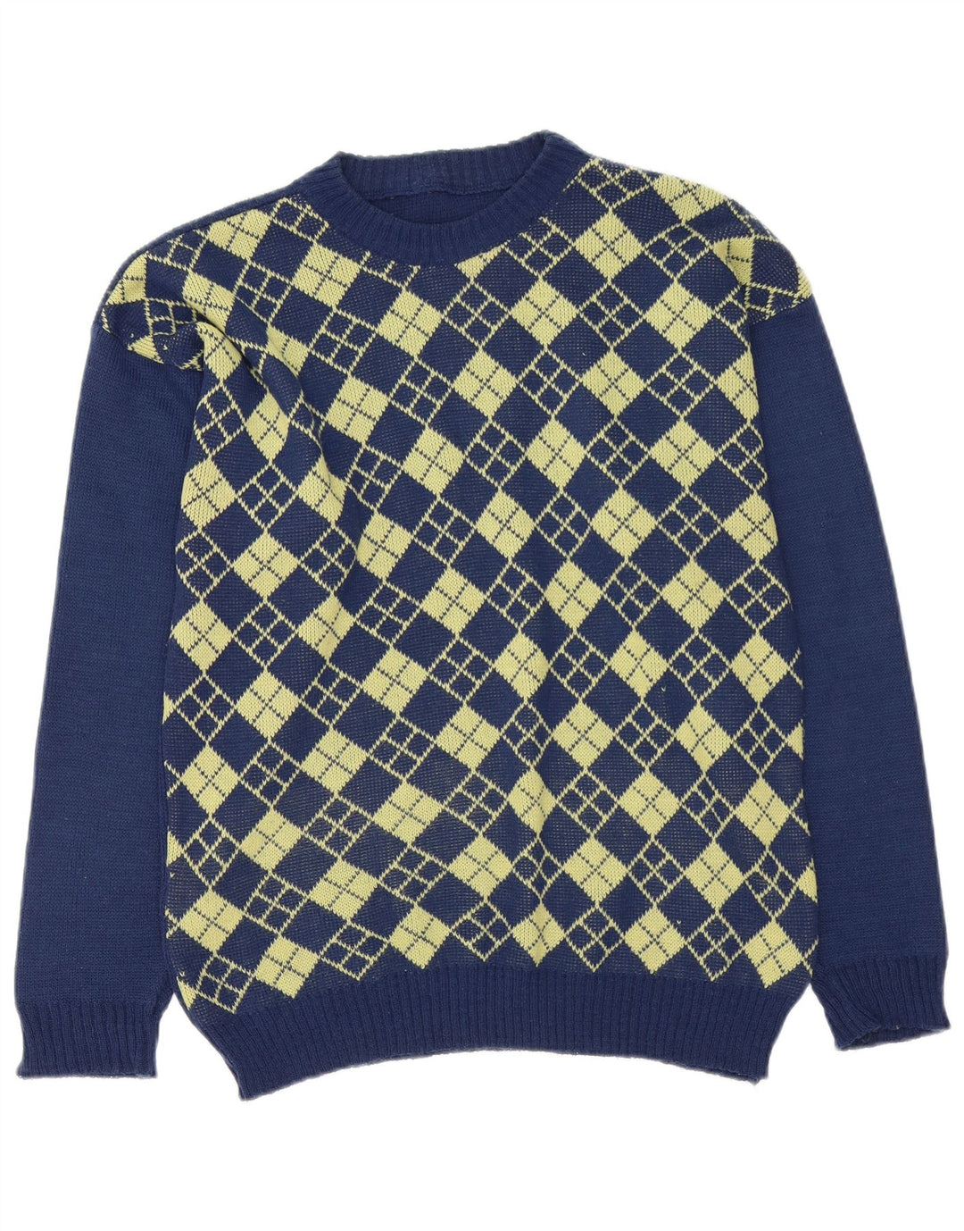 Vintage Herre Boat Neck Jumper Sweater Medium Navy Blue Argyle/Diamond