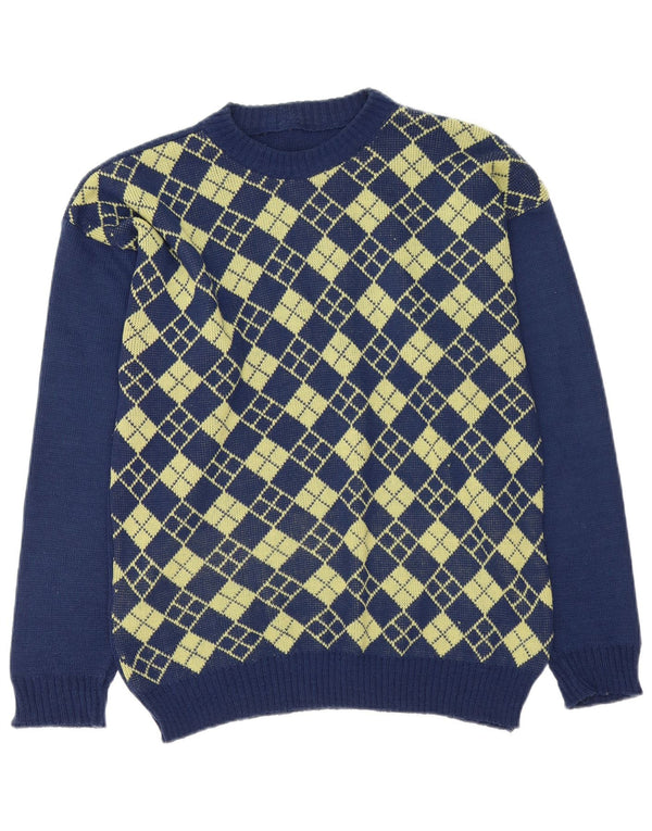 Vintage Herre Boat Neck Jumper Sweater Medium Navy Blue Argyle/Diamond
