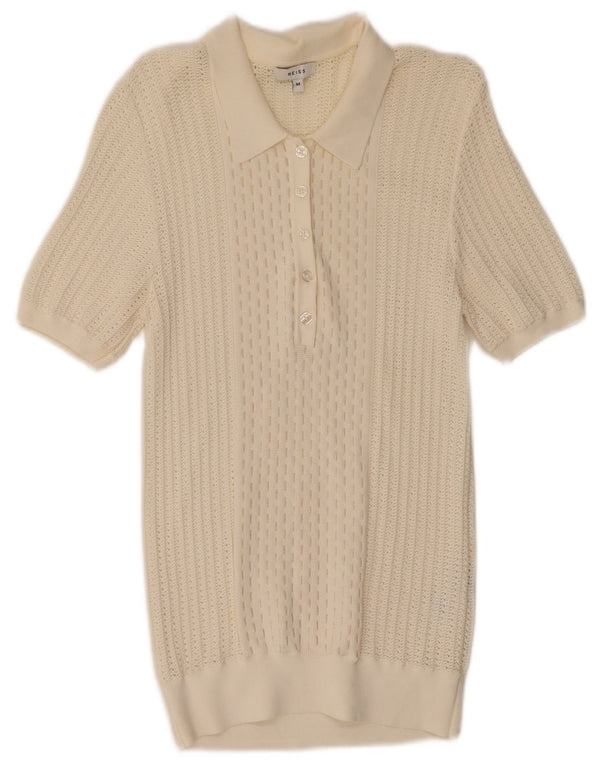 Reiss Dame Kortærmet Polo Neck Jumper Sweater UK 12 Medium Off White