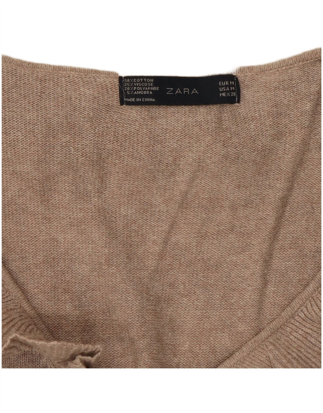 Zara Dame Flæse Front V-hals Jumper Sweater UK 12 Medium Beige Flecked